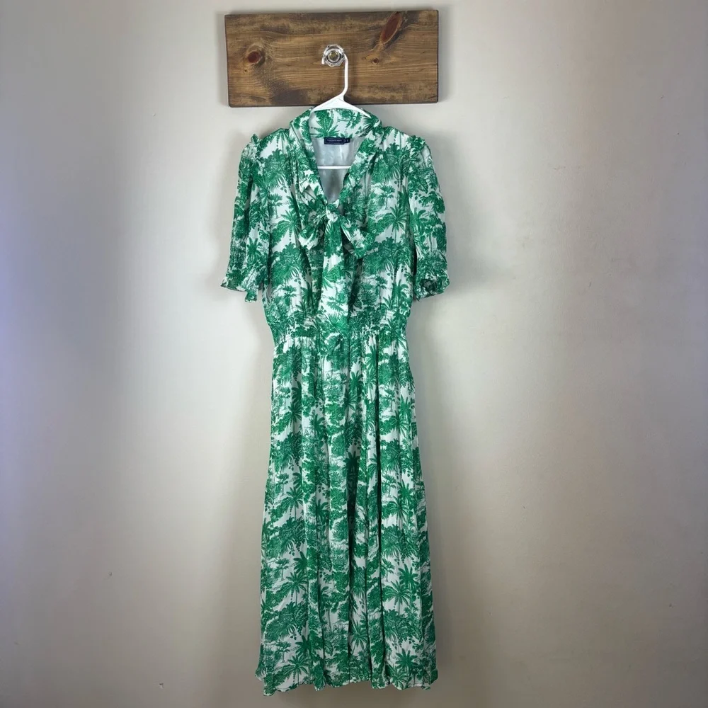 Vineyard Vines S Marthas Vineyard Tropical Toile Tie-Neck Midi Dress Green/White - Picture 1 of 16